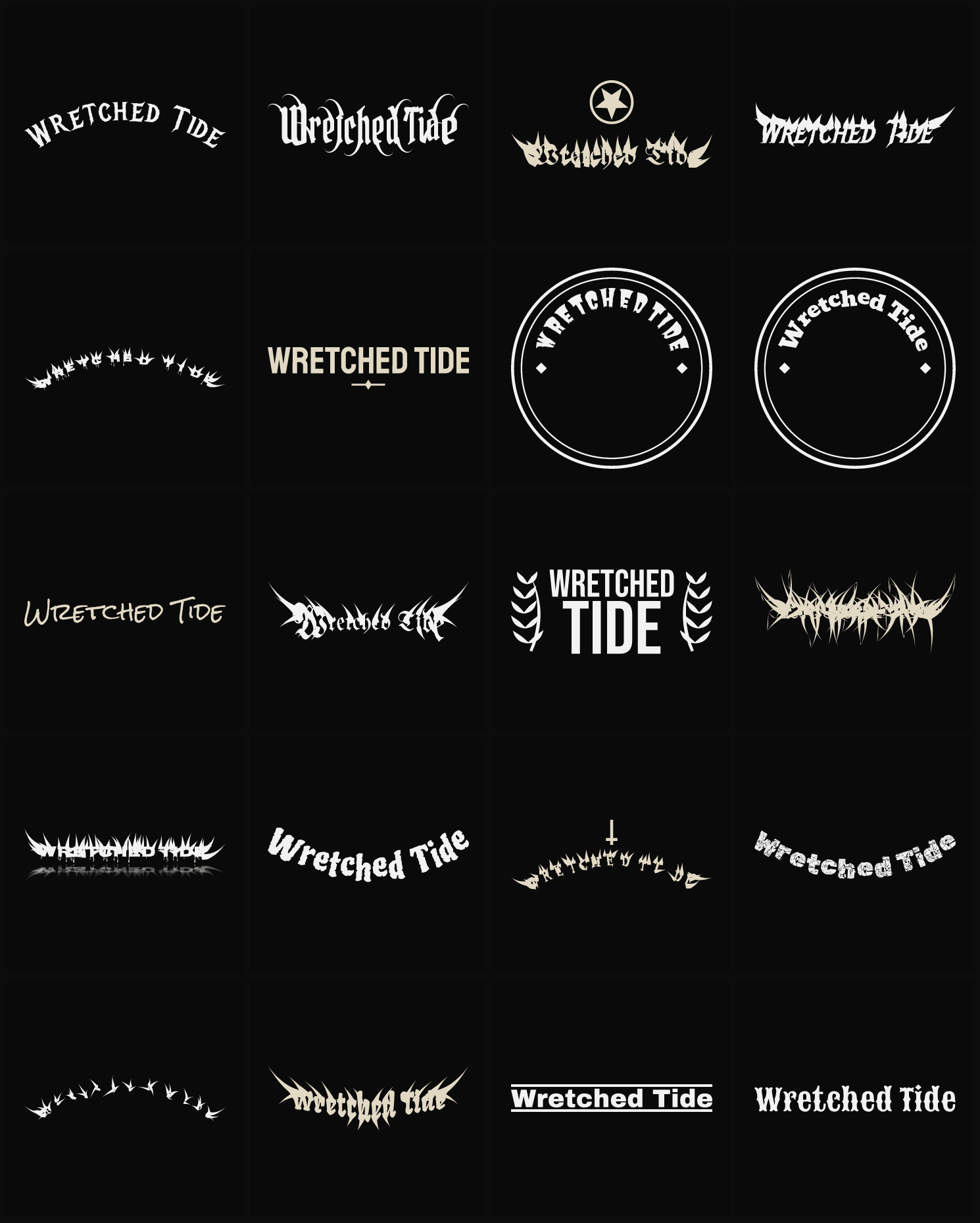 Twenty Wretched Tide band logo ideas — different faces, treatments and spike settings
