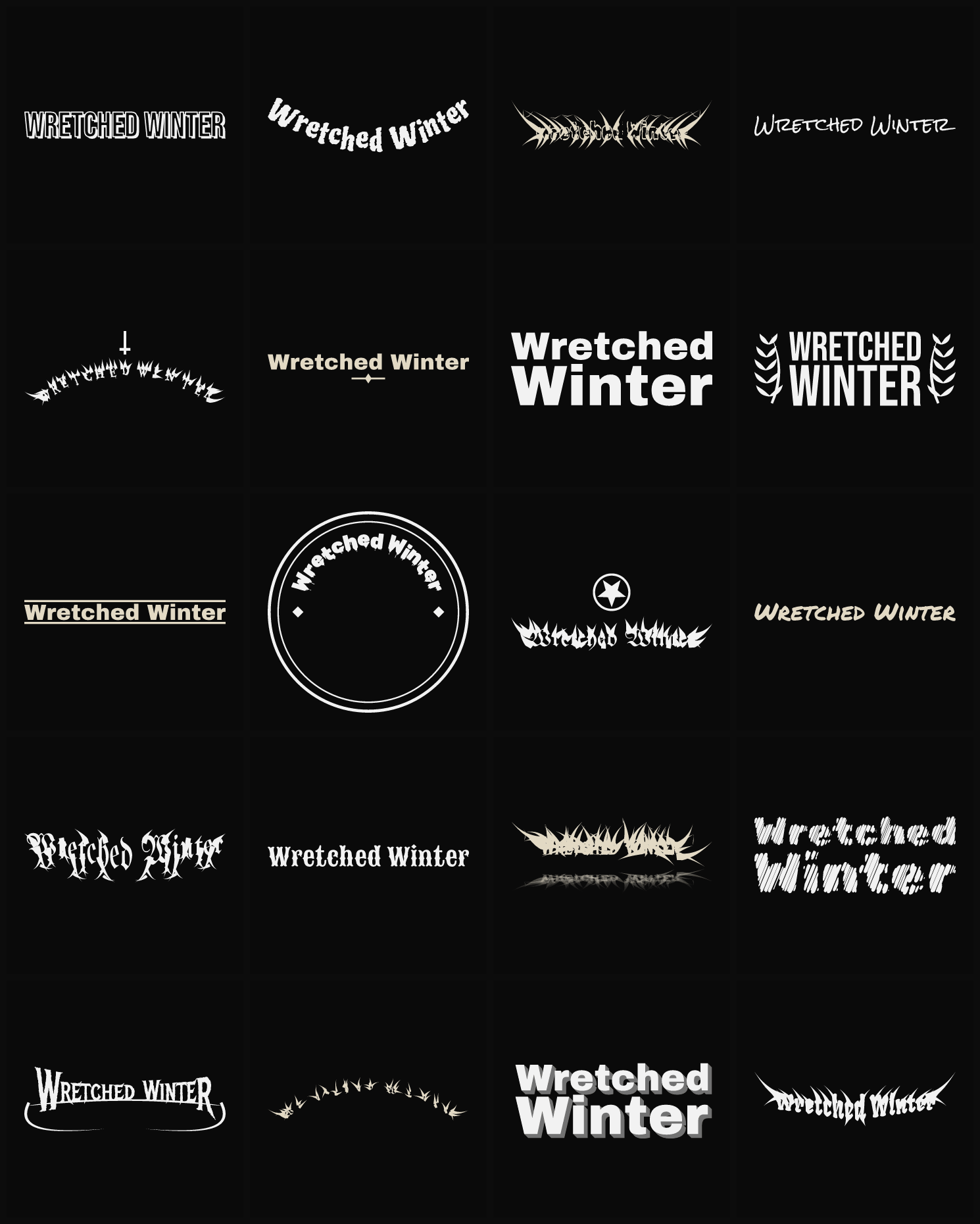 Twenty Wretched Winter band logo ideas — different faces, treatments and spike settings