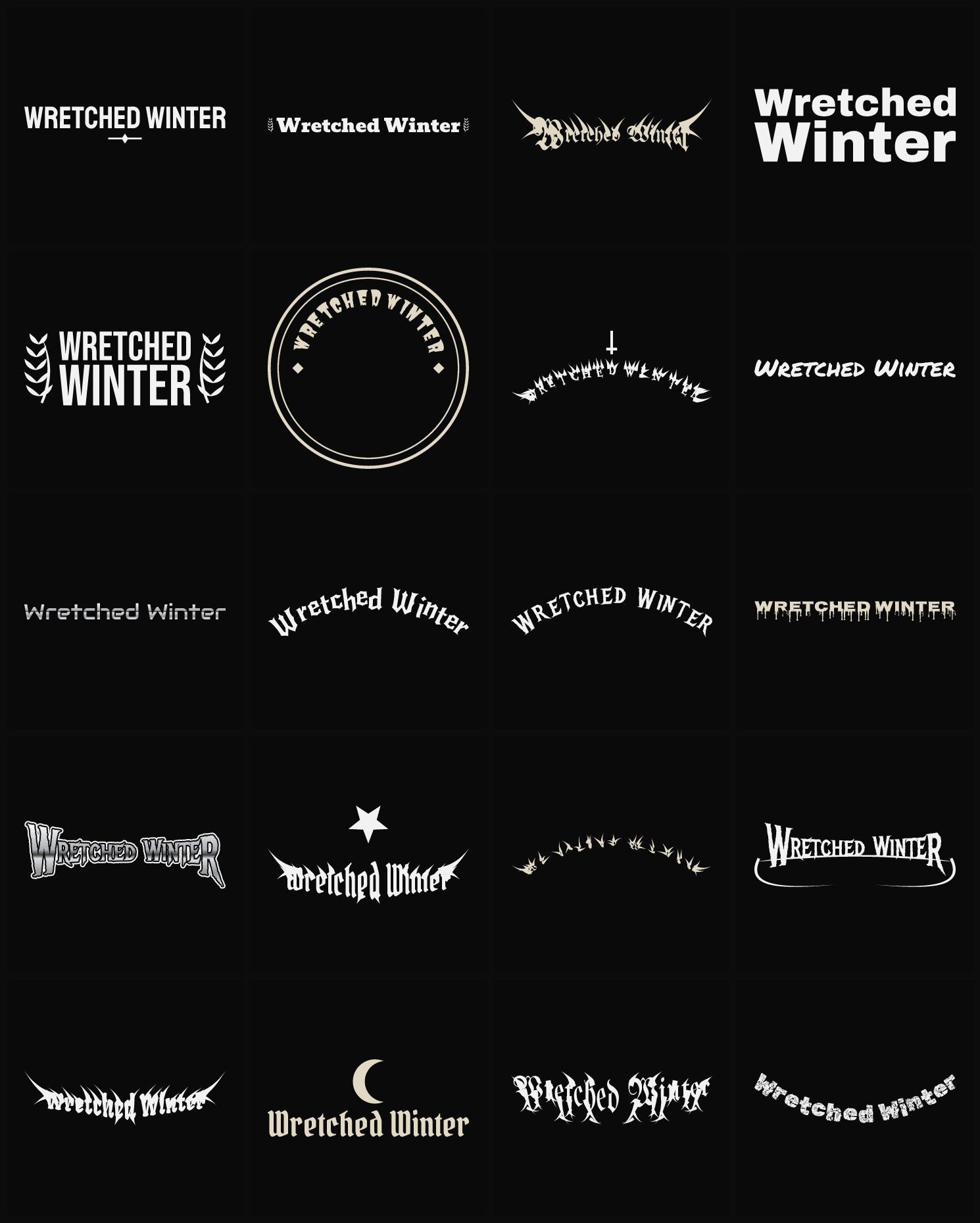 Twenty Wretched Winter band logo ideas — different faces, treatments and spike settings