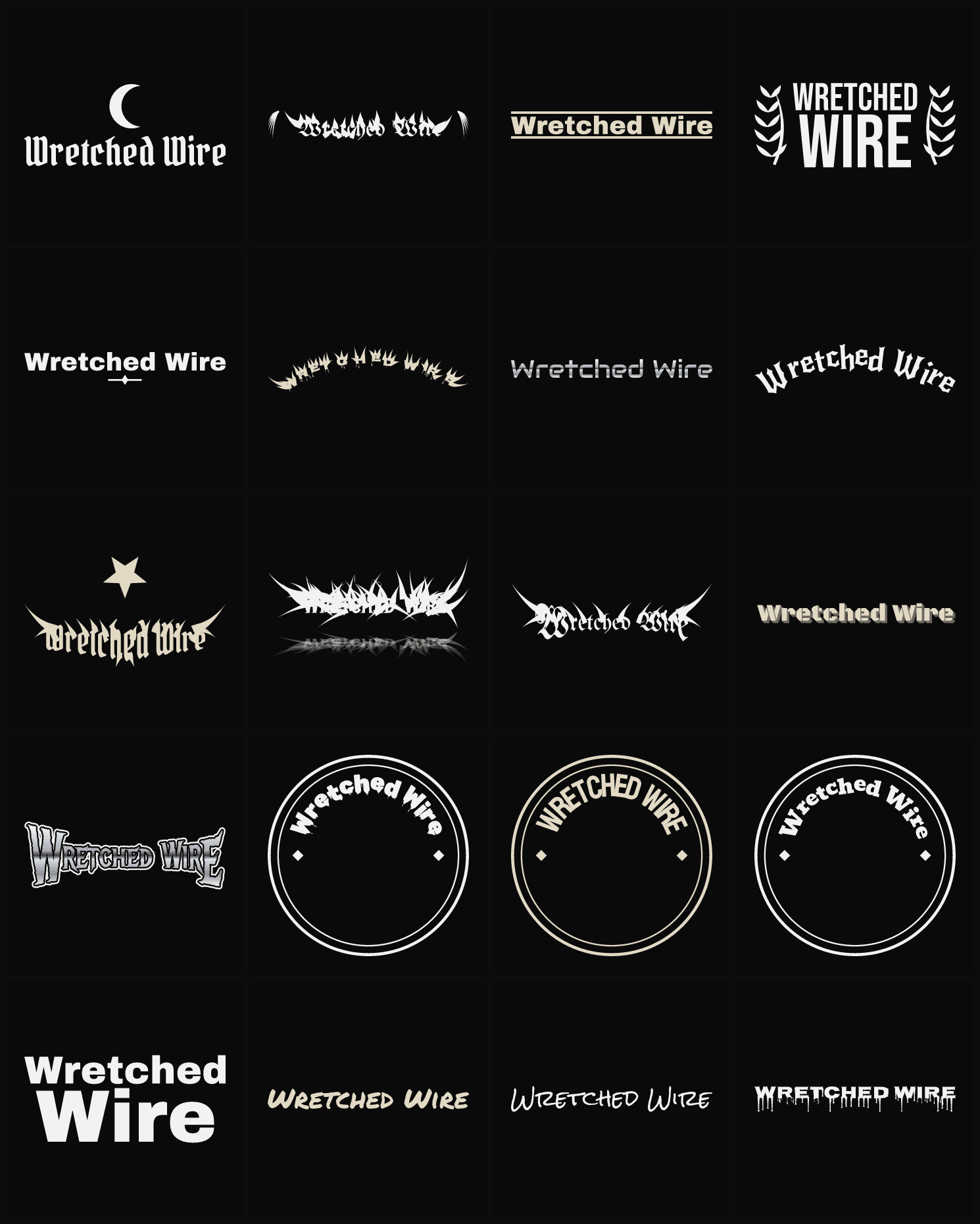 Twenty Wretched Wire band logo ideas — different faces, treatments and spike settings