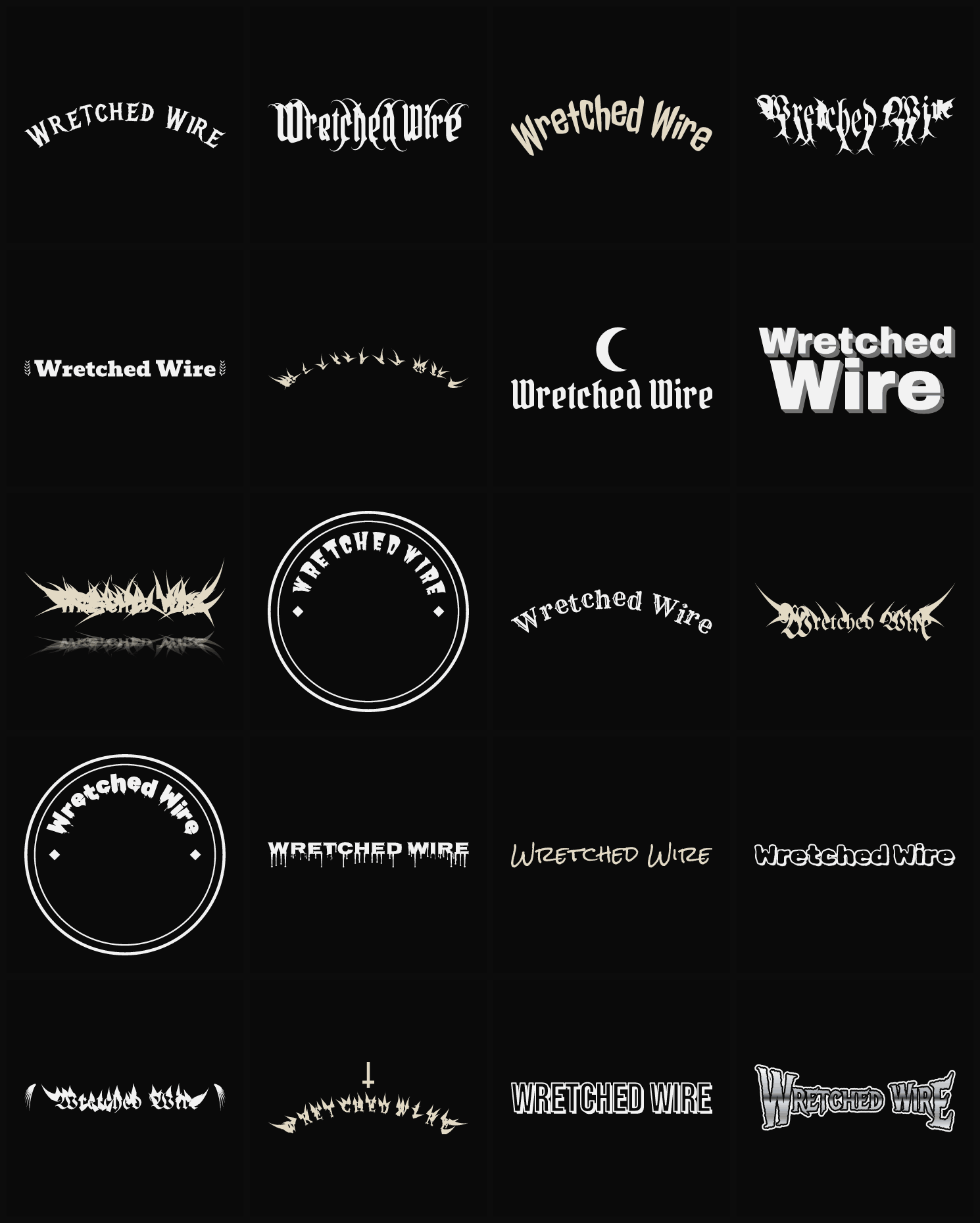 Twenty Wretched Wire band logo ideas — different faces, treatments and spike settings