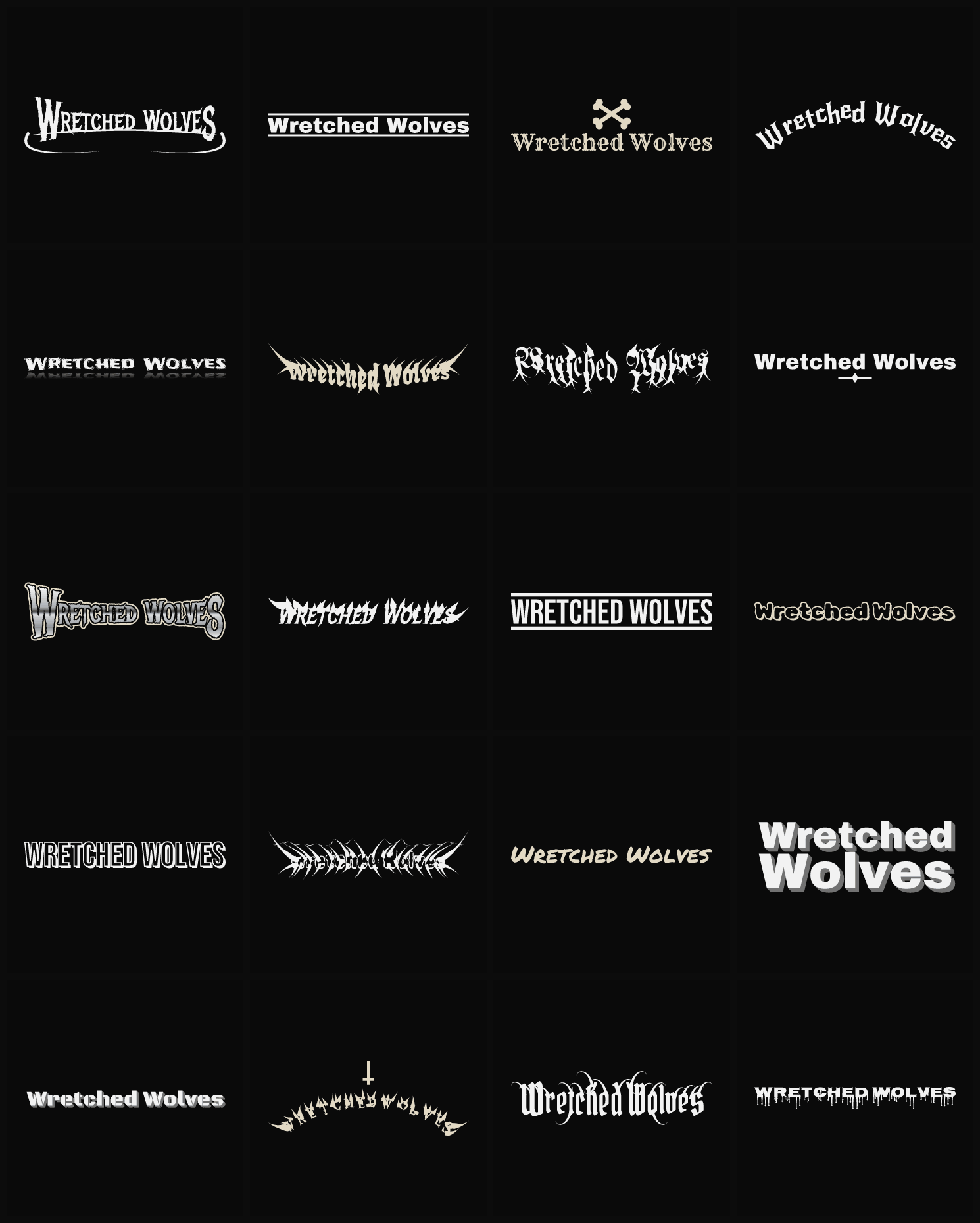 Twenty Wretched Wolves band logo ideas — different faces, treatments and spike settings