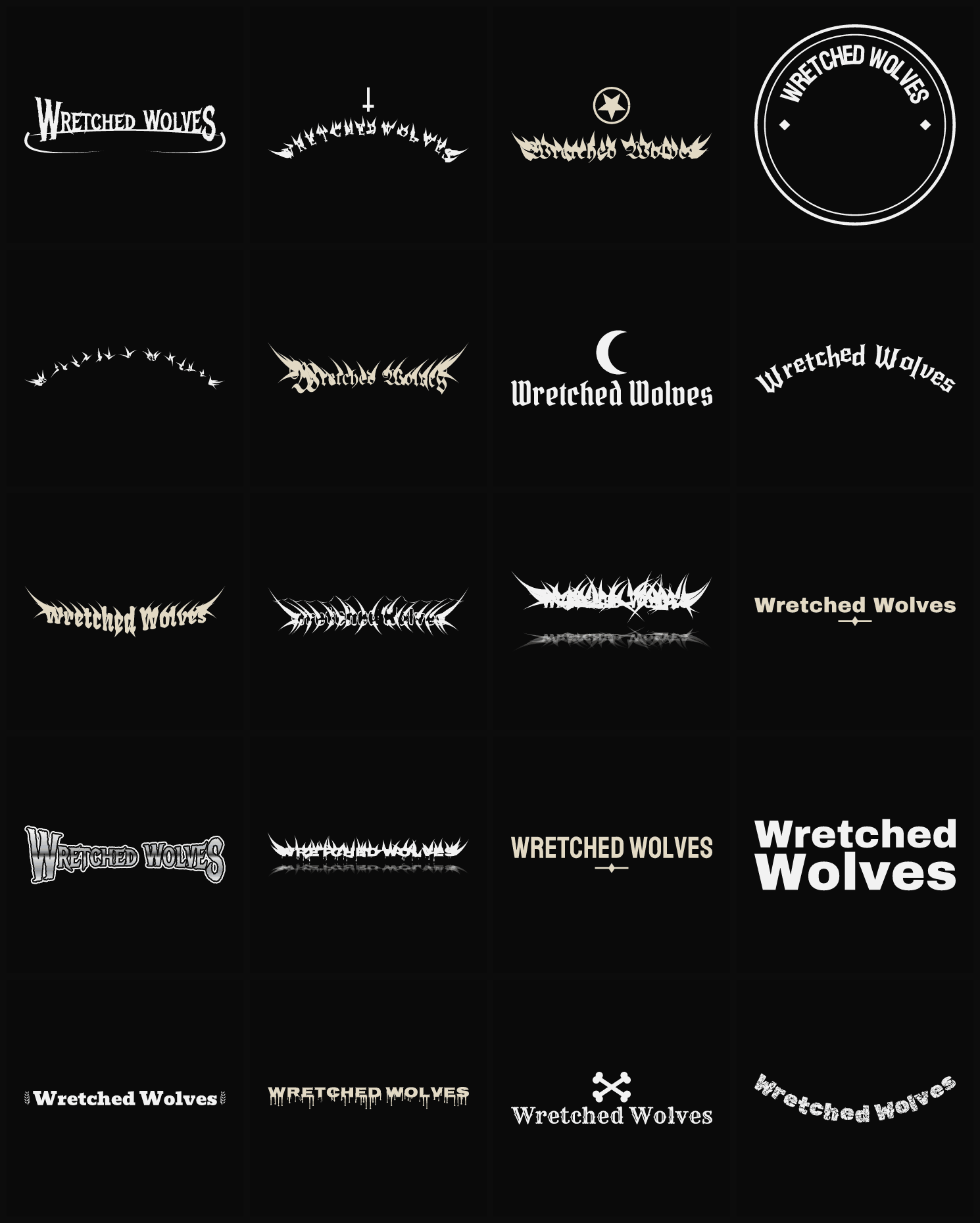 Twenty Wretched Wolves band logo ideas — different faces, treatments and spike settings